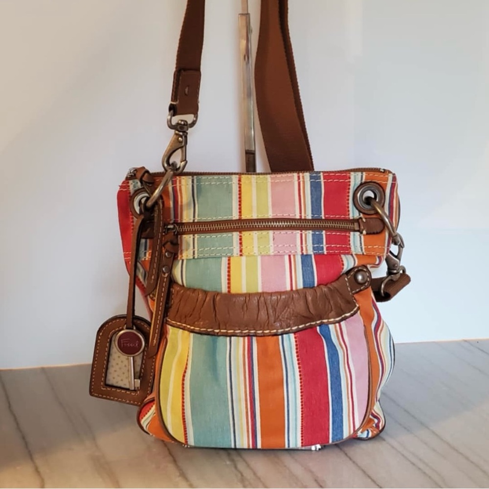 Fossil Original Brand Striped Canvas Crossbody Bag 2 Zip Pockets Adjustable Hobo
